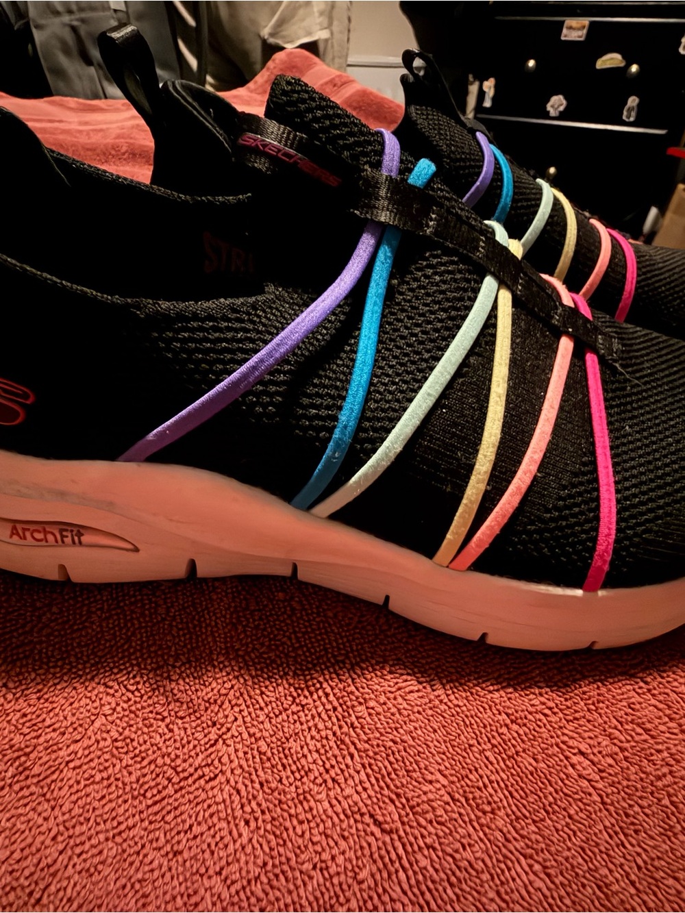 Skechers Women’s Black Slip-On Athletic Sneakers with Pastel Rainbow Straps
